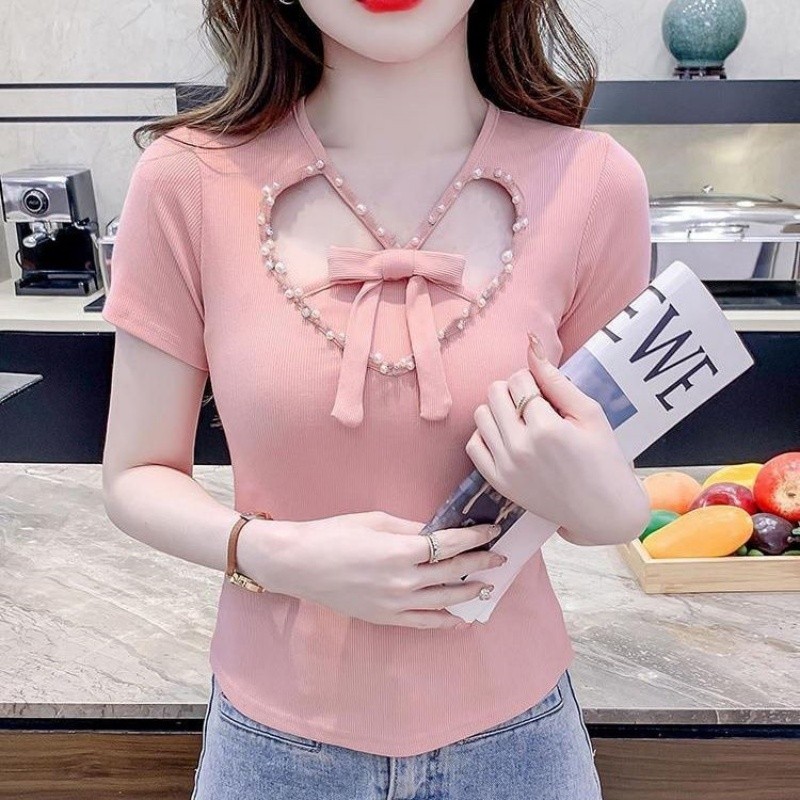 Love Heart Hollow แขนสั้นเสื้อยืดผู้หญิงฤดูร้อนสไตล์ใหม่ขนาดใหญ่ไขมัน Slim-fit Slimmer ดูสั้นเสื้อผ้าด้านบนขนาดเล็ก
