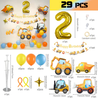 GeeParty ชุดลูกโป่งฟอยล์ตัวการ์ตูน รถขุด รถดันดิน 29 ชิ้น พร้อมแสตนด์ลูกโป่งสีเหลืองและส้ม สำหรับตกแต่งงานเลี้ยงวันเกิดธ