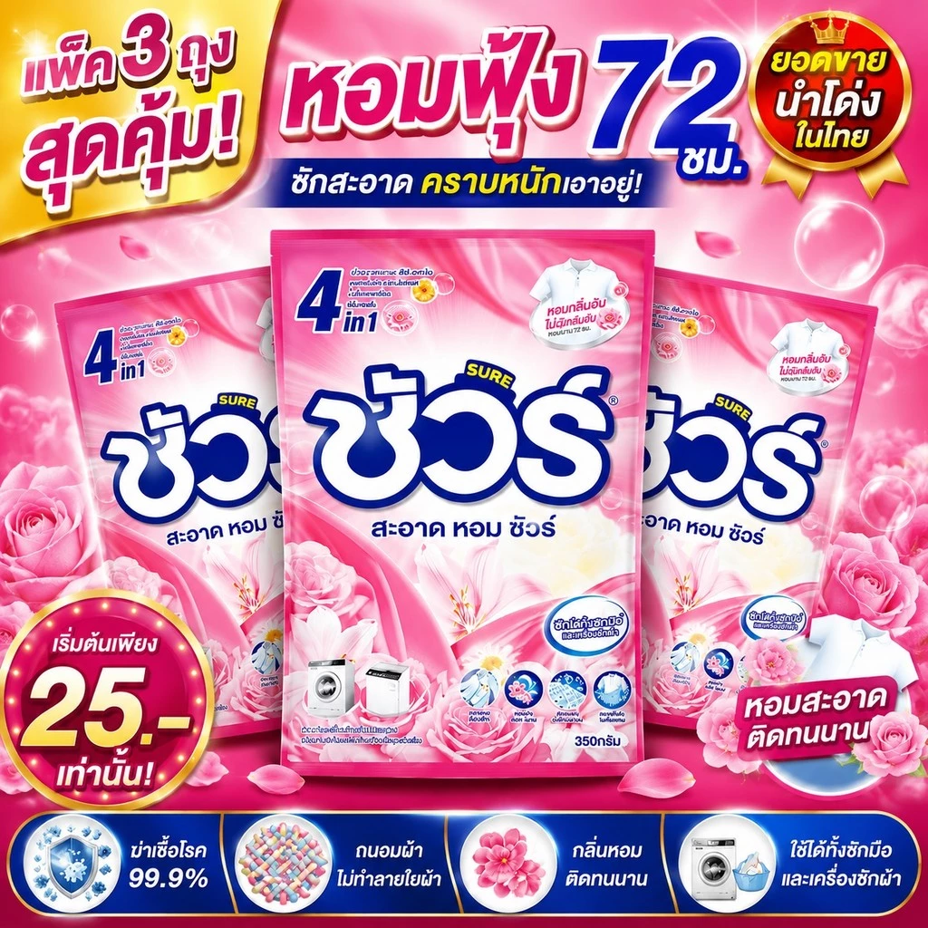 SURE ผงซักฟอก ชัวร์ 4in1 350g*3ถุง ถุงสุดคุ้ม หอมฟุ้ง 72 ชม. ขจัดคราบหนัก ซักสะอาด ใช้ได้ทั้งซักมือและเครื่อง