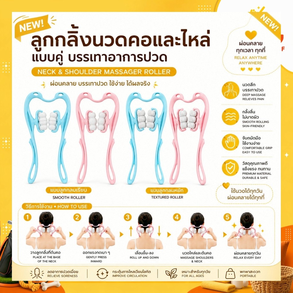 ( ของมีพร้อมส่ง ) ลูกกลิ้งนวดคอ และไหล่ แบบคู่ บรรเทาความดันมือ และกระดูกสันหลังส่วนคอ (G28)