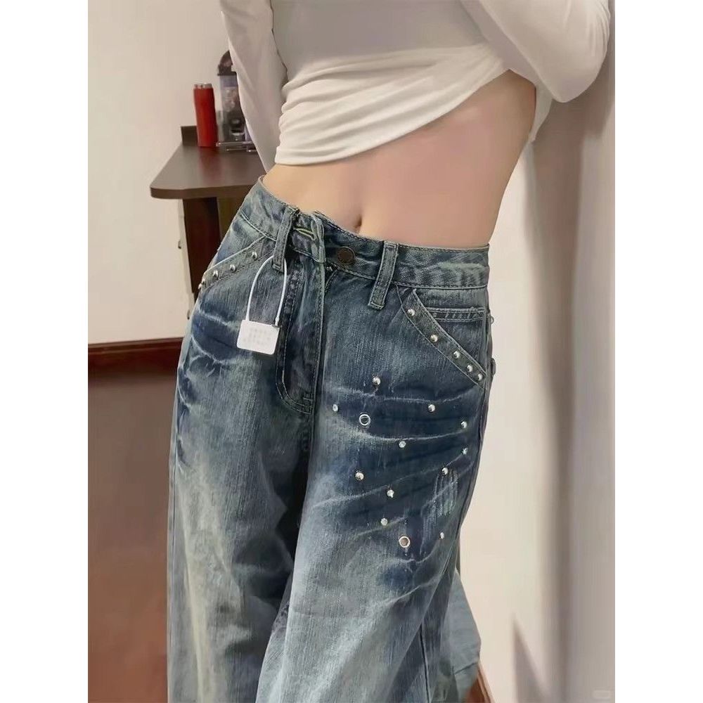 Hot Rhinestone Retro กางเกงยีนส์ขากว้างผู้หญิง 2026 ฤดูใบไม้ผลิใหม่สไตล์เอวสูงหลวม Rhinestones Slimmer ดูกางเกงตรงฤดูร้อน