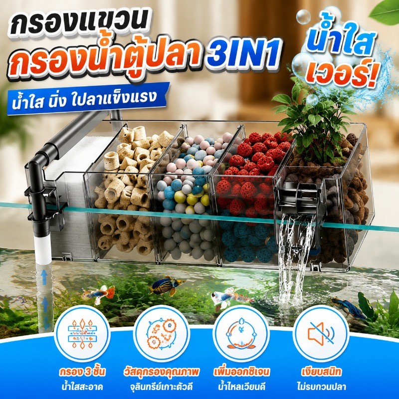 กรองน้ำตู้ปลา3in1กรองแขวนกรองขี้ปลา สิ่งสกปรกต่างๆ ดูแลน้ำให้ในใสตลอดเวลา มีน้ำตก เพิ่มออกซิเจน เหมาะสำหรับตู้ปลาทุกขนาด
