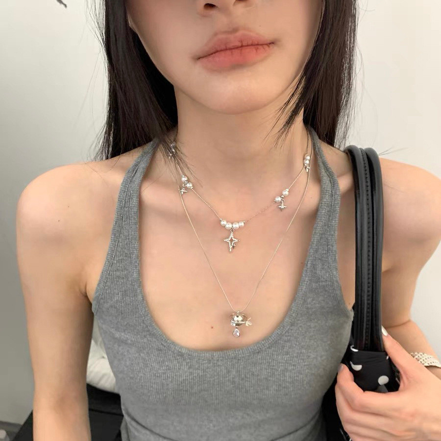 Double Layer Stacking Planet Saturn สร้อยคอผู้หญิง Niche High-End Pearl Clavicle Chain Sweet Cool Al