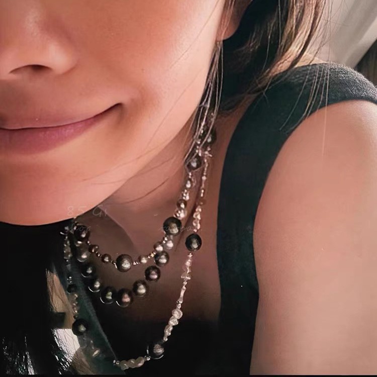 Niche Design Black Pearl สร้อยคอยาวผู้หญิงหรูหรา Clavicle Chain High-End Multi-Layer สร้อยคอ vfr128.