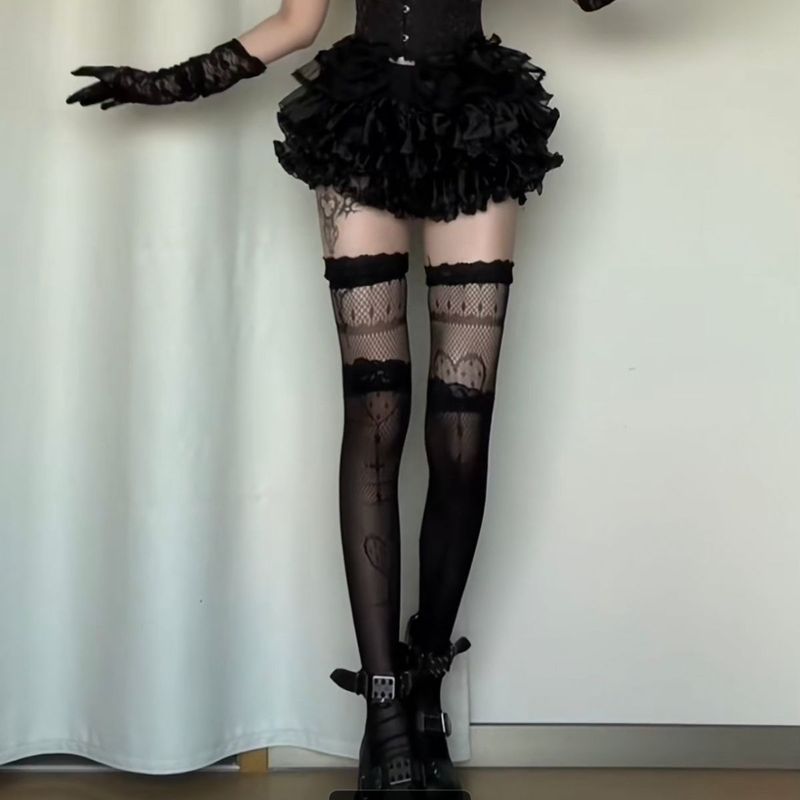过膝袜朋克风辣妹黑丝甜酷日系jk哥特风小众叠穿过膝袜网袜丝花边12.9Over-the-knee Socks Punk Style Hot Girl Black Silk Sweet Cool Jap