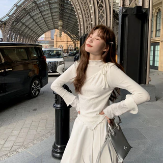 shayne-เสื้อยืดสตรี แขนยาว คอวี สีทึบ ประเภทการเชื่อมต่อ ประเภทรุ่น Slim Fit เรียบง่าย หวาน สุภาพสตรี แฟชั่นฤดูร้อน วิทย