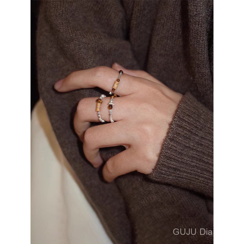 T Tiger Eye Stretch Ring Niche High-End Light Luxury Index Finger Ring วรรณกรรม Retro