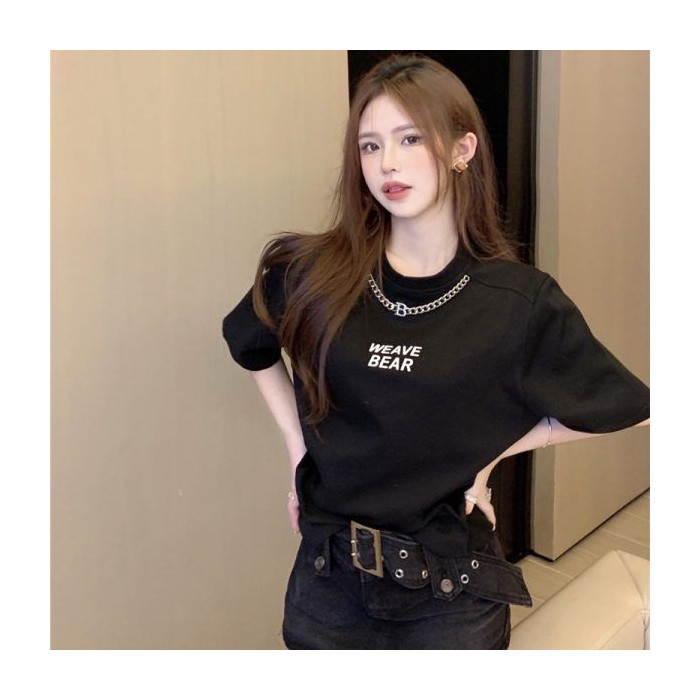 COD [200g Pure Cotton Back Collar Dropped Shoulder] Chain Loose Print Short Sleeve Mens T-Shirt Wome