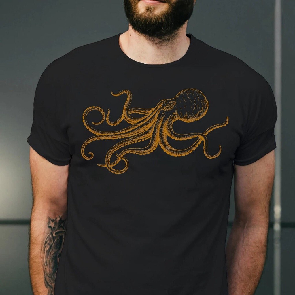 เสื้อยืดสไตล์ญี่ปุ่น Gyotaku ศิลปะดั้งเดิมพิมพ์การ์ตูนปลาหมึกสีทองสำหรับผู้ชาย