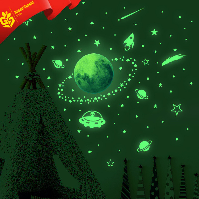 แสงสีเขียว Planet Meteor Luminous สติ๊กเกอร์ติดผนัง Self-Adhesive สติกเกอร์ส่องสว่างห้องนอนห้องนั่งเล่นเด็กพื้นหลังตกแต่งเรืองแสง Starry S