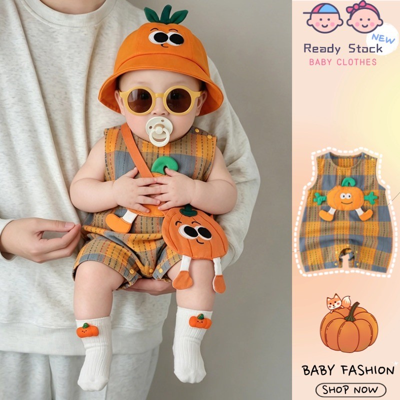 ฤดูร้อนใหม่เสื้อผ้าเด็กบางแขนสั้น ชุดจั๊มสูท 0-24 เดือนสบายระบายอากาศสไตล์ต่างประเทศเสื้อกั๊กซูเปอร์น่ารักการ์ตูนฟักทองบอดี้สูท
