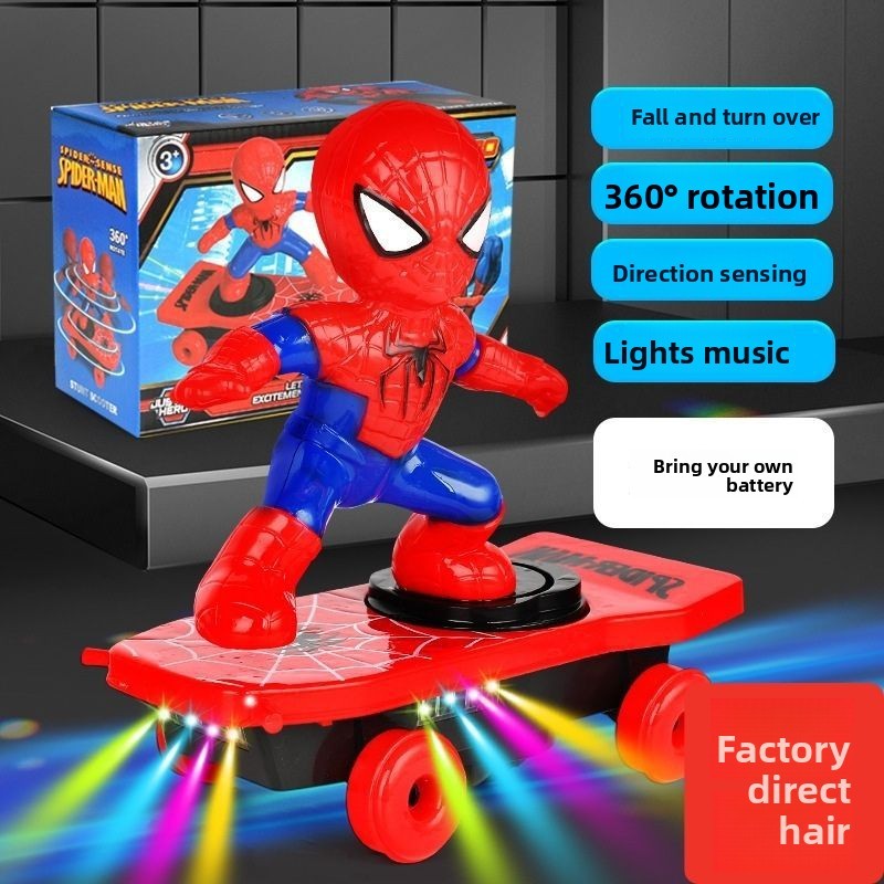 Spiderman Stunt Scooter หมุนของเล่นไฟฟ้าล้อสากลของเล่นเด็ก
