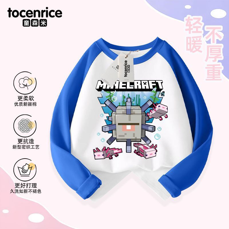 TWเด็กชายพิมพ์Minecraft Raglanสี-Blockingเสื้อยืดแขนยาว2025 สไตล์ใหม่ฤดูใบไม้ร่วงฤดูหนาวชายผ้าฝ้ายแท