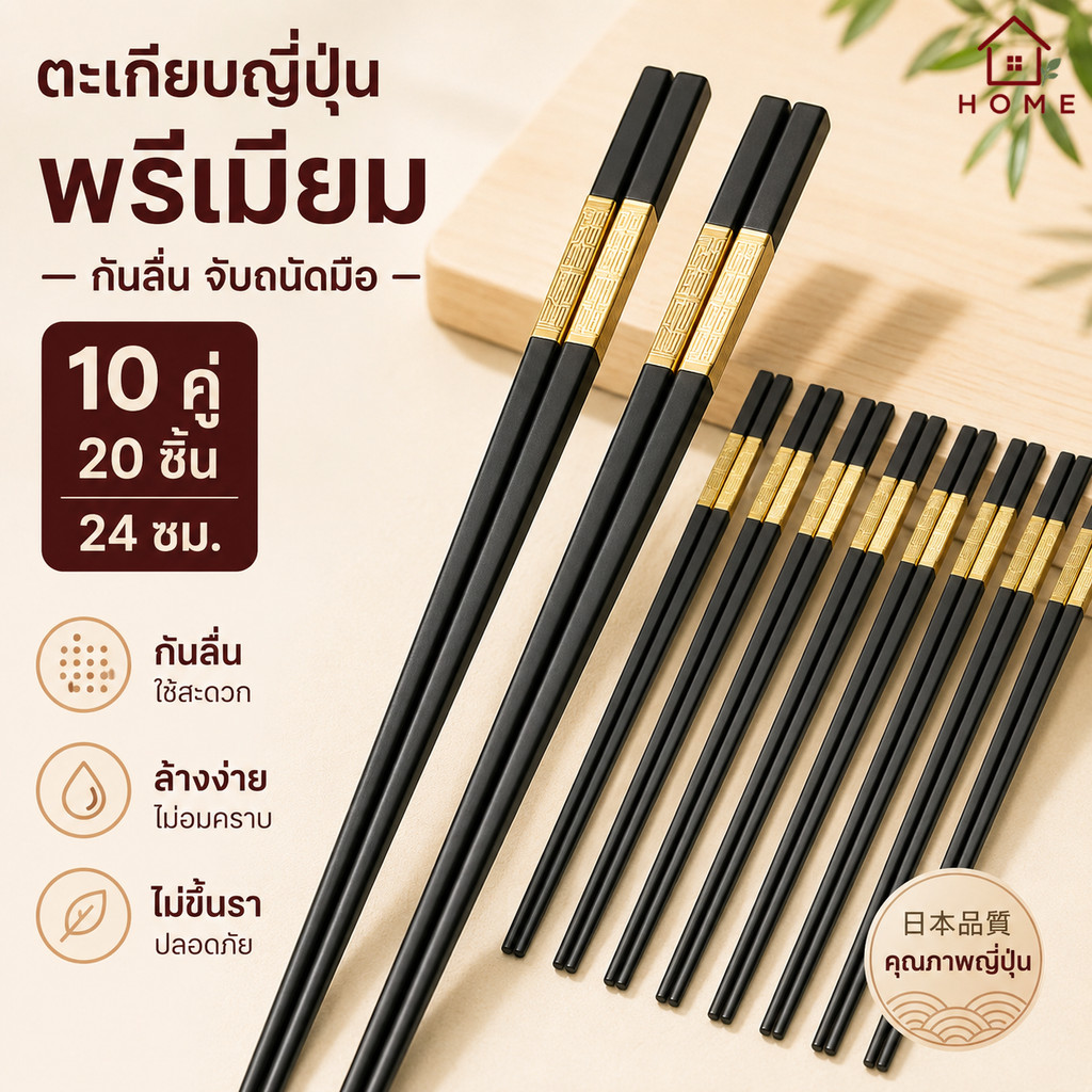 Home007 ตะเกียบ ตะเกียบพรีเมี่ยม 24 ซม. 10 คู่ กันลื่น ไม่บิดงอ ทนความร้อน ไม่ขึ้นรา ใช้ซ้ำได้ Chopsticks
