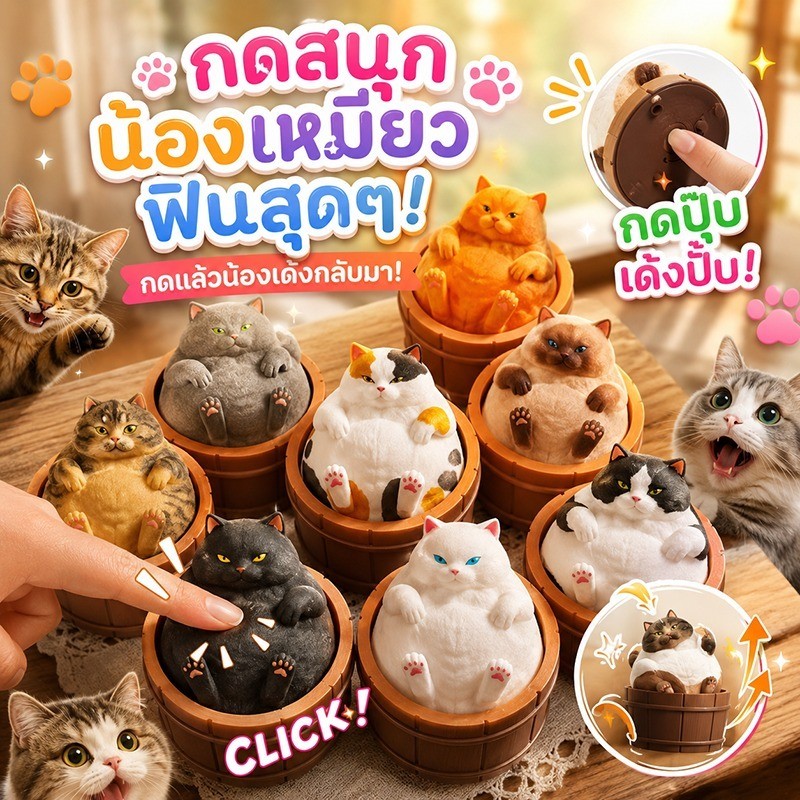 COD แมวอ้วนในอ่างไม้ น่ารัก กดได้ ของเล่น Meow Tub Clicker Fidget งาน 3D Print ตกแต่งโต๊ะ ของขวัญ