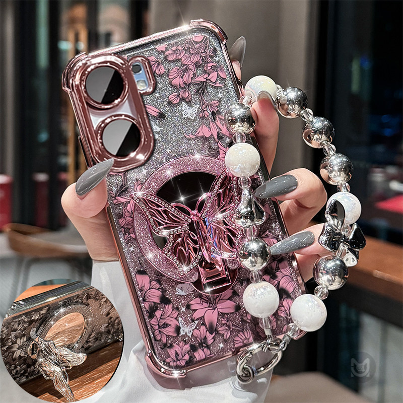 Glitter เคสโทรศัพท์สําหรับ OPPO A6C A6X A6S A6T A5X A5i A5 A6 Pro กันกระแทกผีเสื้อกระจกยึดนุ่มกรณีพร้อมสร้อยข้อมือ