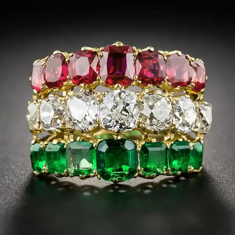 สามชั้นสีแดง/สีขาว/สีเขียวเบาะ Cubic Zirconia แหวนผู้หญิงหรูหราสีทองงานแต่งงานอุปกรณ์เสริมเครื่องประดับอินเทรนด์