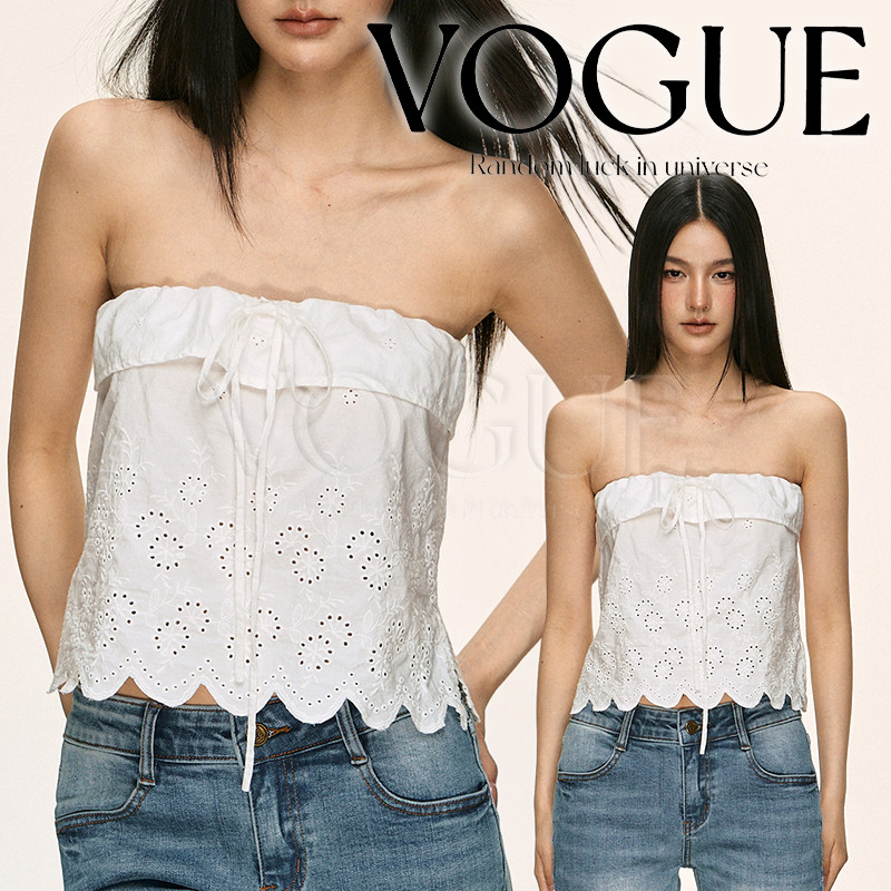 Vogue🌟พร้อมส่ง🌟 เสื้อเกาะอกลายลูกไม้ ผูกโบว์น่ารักๆ ใส่สบาย สไตล์สาวเกา (FY5166#1)