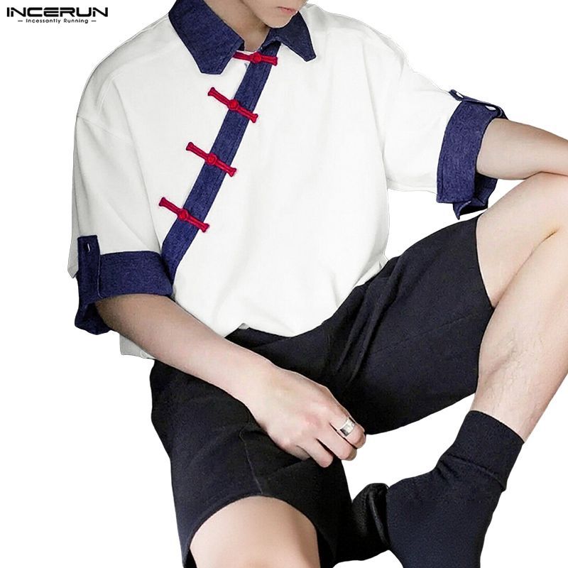 INCERUN ผู้ชายเกาหลีสไตล์แห่งชาติ Turn-Down-Collar กลางแขนกบปุ่ม Contrast สีเสื้อ