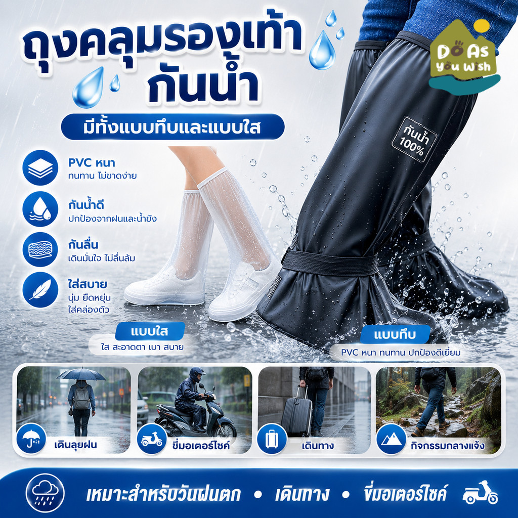 รองเท้ากันน้ำ ถุงคลุมรองเท้ากันฝน รองเท้าบูทกันฝน PVC หนา พื้นยางกันลื่น เกาะพื้นแน่น มีไซส์ M-3XL