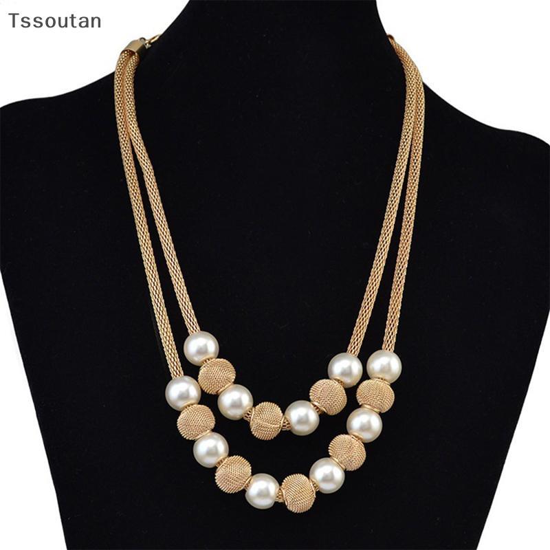 สร้อยคอมุกเทียมแบบมีหลายชั้น มีลูกป�arlและโซ่ตาข่าย เครื่องประดับแฟชั่นสำหรับของขวัญ TAN