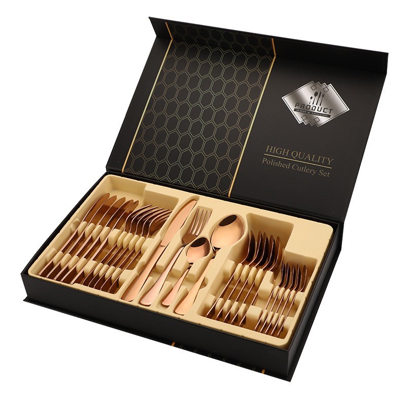 24 ชิ้นสแตนเลสสีดําทองเงินหรูหราช้อนส้อม Dinn