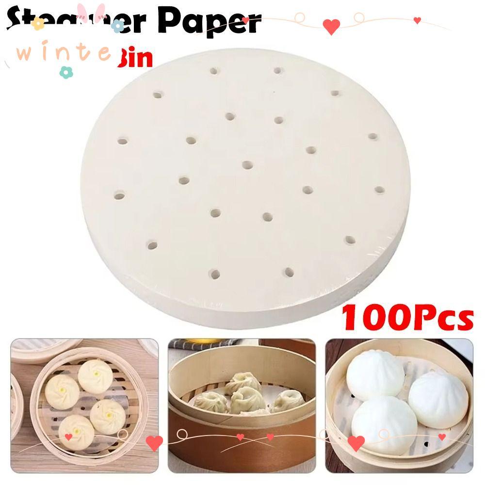 WINTE 100 ชิ้น Steamer กระดาษ, รอบทิ้ง Buns ขนมอบกระดาษไม่ติด, ทนทาน 4/5/6/7/8in Buns Pad กระดาษครัว