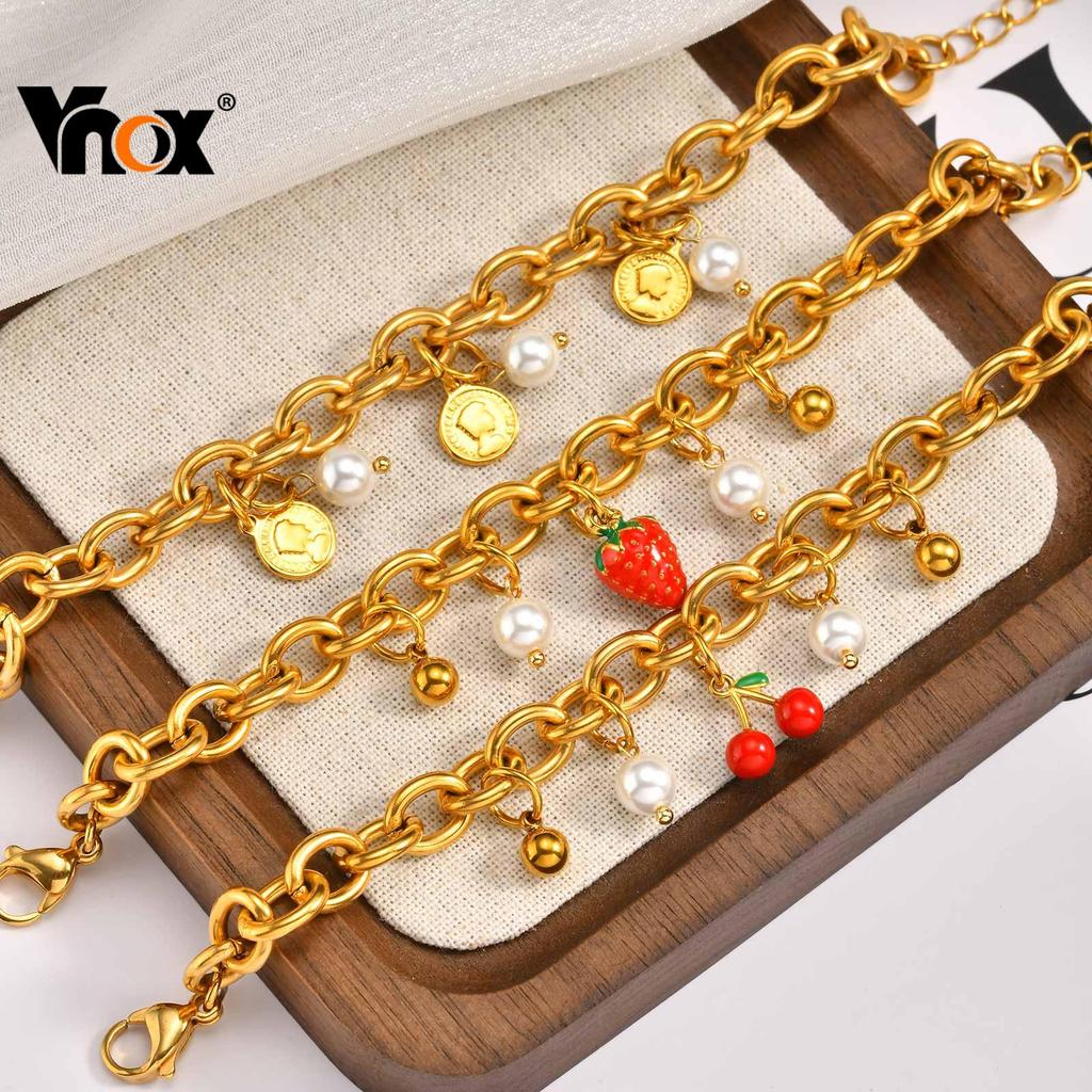 Vnox Charms Dainty สตรอเบอร์รี่ Cherry Pearl Charms สร้อยข้อมือผู้หญิงสาว,สร้อยข้อมือสแตนเลสเครื่องประดับทําด้วยมือ