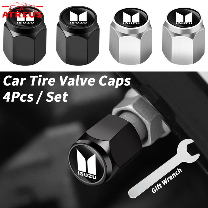 4 ชิ้น Isuzu จุกลมยางรถยนต์ จุ๊บลมยาง พร้อมโลโก้ จุกปิดลมยางพร้อมประแจ ป้องกันฝุ่น ฝาปิดจุกลม ยางรถยนต์ สำหรับ Isuzu Dmax Panther Elf Traga Mux Trooper MU7 TFR Crosswind Panther Sportivo