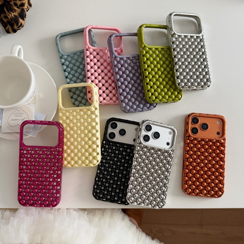 Creative 3D Hollow Out Pearl รอบลูกปัดสีทึบเคสโทรศัพท์สําหรับ iPhone 17 16 15 14 Pro Max กันกระแทกป้องกันปกหลัง