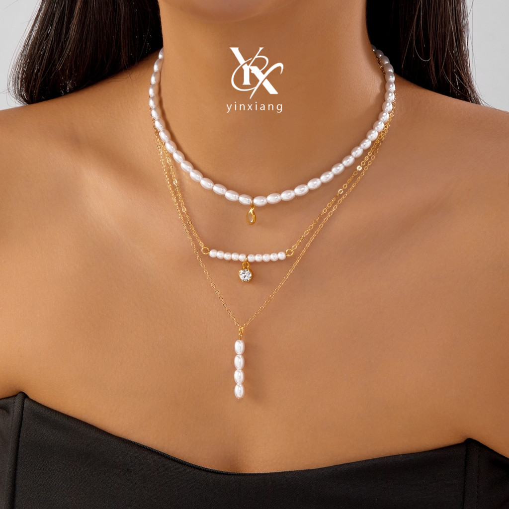 YX Pearl Rhinestone พู่สร้อยคอชุด 3PCS Minimalist Y2K ความงาม Dainty น่ารักปรับ Layered เครื่องประดั
