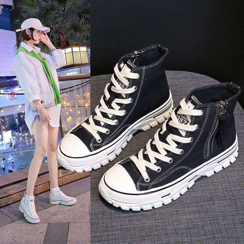 FB4 2024 Raya Kasut Raya perempuan ulzzang รองเท้าผ้าใบตัดสูงผู้หญิงเกาหลีรองเท้าผ้าใบหนาสีดํา