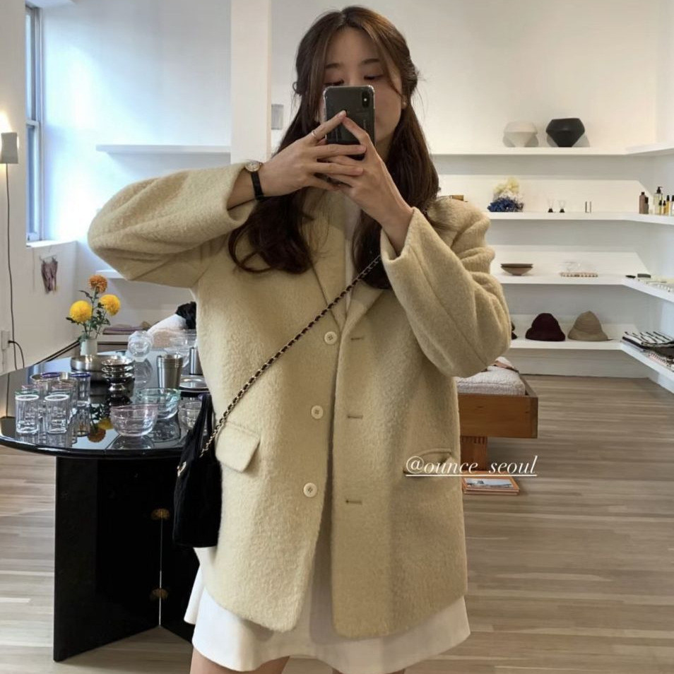 2025 ฤดูหนาวเกาหลี Dongdaemun ou * ce Simple สีทึบ Single-Breasted เสื้อสูทแจ็คเก็ต GEU7