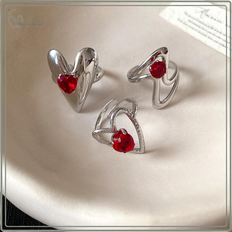ZHEN Red Zircon Smooth Heart-shaped Open Ring Simple Index Finger Rings เครื่องประดับสําหรับผู้หญิง 