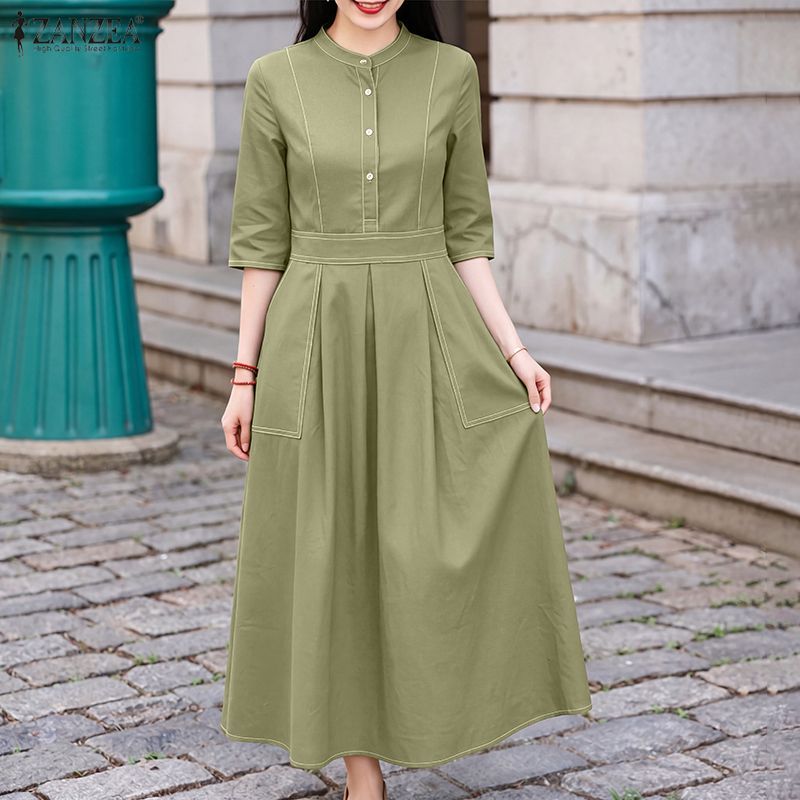 ZANZEA ผู้หญิงเกาหลีวินเทจลําลองคอตั้งกลางแขนครึ่งกระดุมสีตัดกัน Midi Shirtdresses — صورة 4