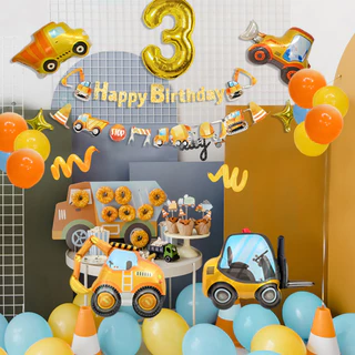 GeeParty ชุดลูกโป่งฟอยล์ตัวการ์ตูน รถขุด รถดันดิน 29 ชิ้น พร้อมแสตนด์ลูกโป่งสีเหลืองและส้ม สำหรับตกแต่งงานเลี้ยงวันเกิดธ