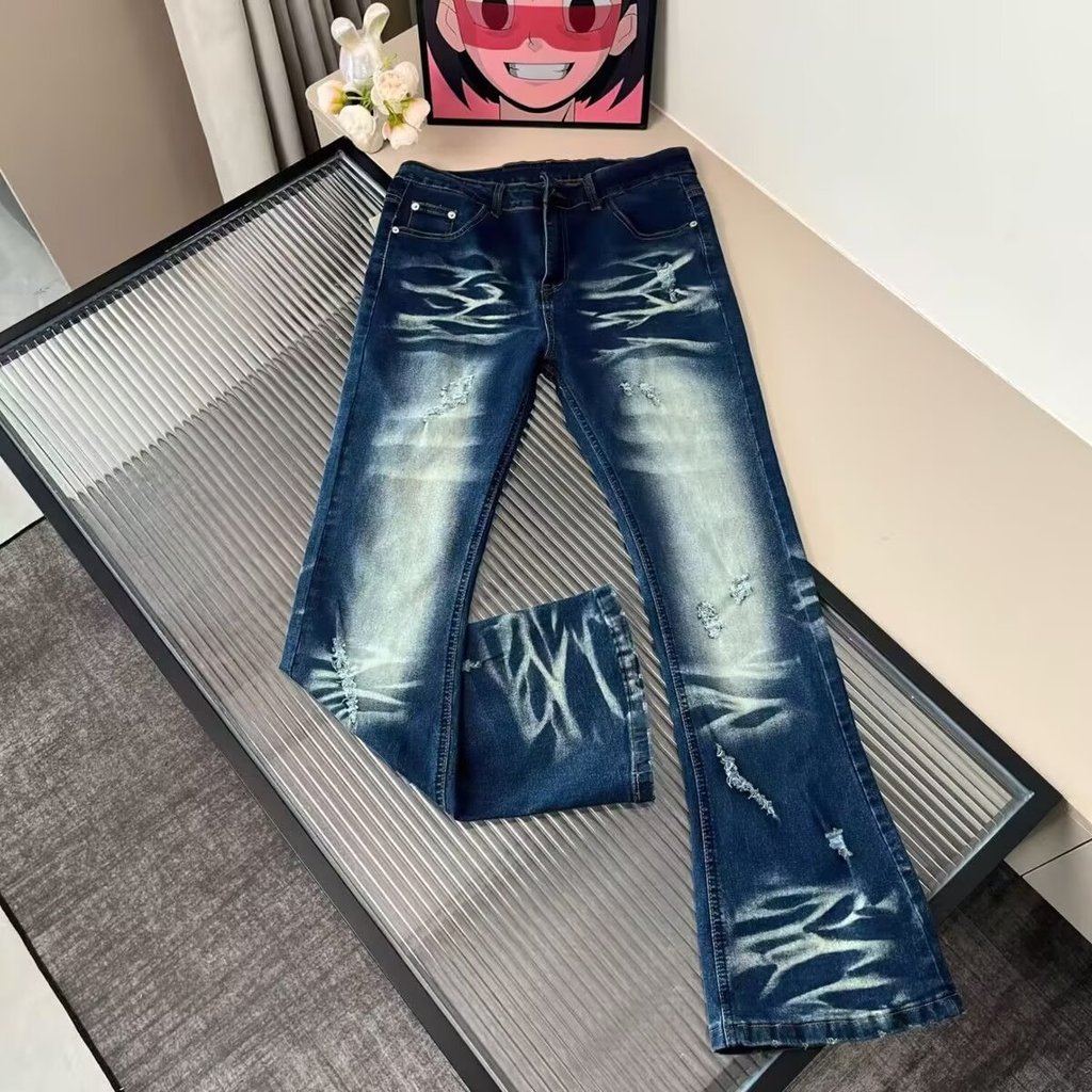 American Heavy Washed Distressed Cat Whisker Ripped Jeans Street Wear Slim-fit Cleanfit517 กางเกงผู้ชาย