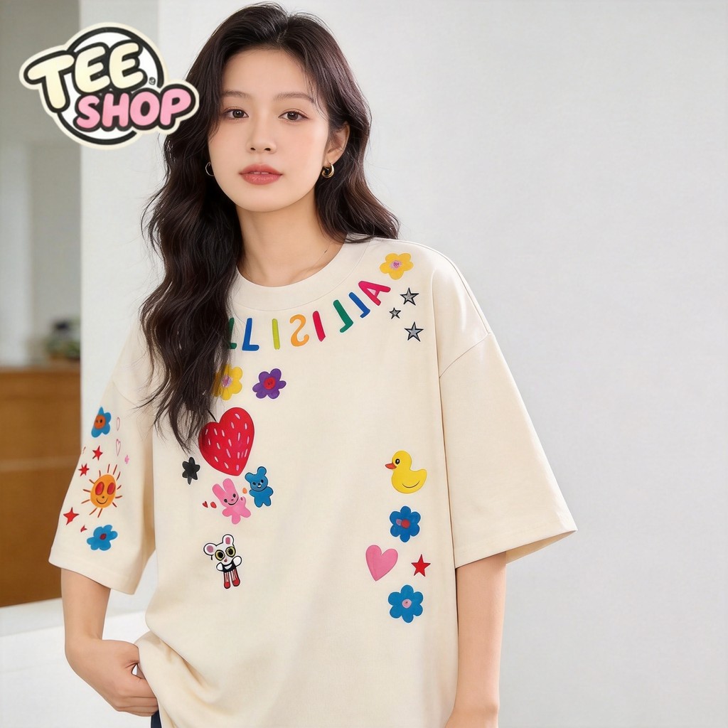 TEE·SHOP เสื้อยืด oversize เสื้อเท่ๆ เกาหลี "Heart Flower" ไม่หดตัว เกาหลีสไตล์ พิมพ์ลาย ผ้านิ่มใส่สบาย COD