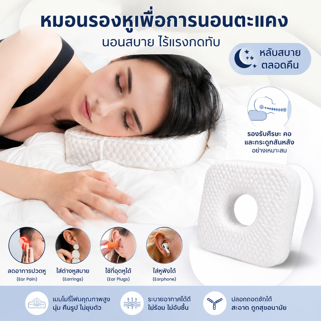 หมอนนอนตะแคง สำหรับคนไม่อยากปวดหู มีช่องหู ลดแรงกด เย็น สบาย ไม่อับชื้น