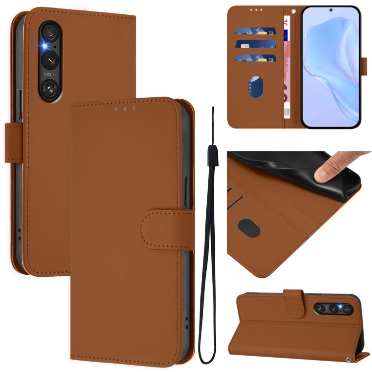Skin Feel เคสโทรศัพท์หนังสีทึบพร้อมเชือกเส้นเล็กสําหรับ Sony Xperia 1 V 2023/Sony Xperia 1 VI 2024/S