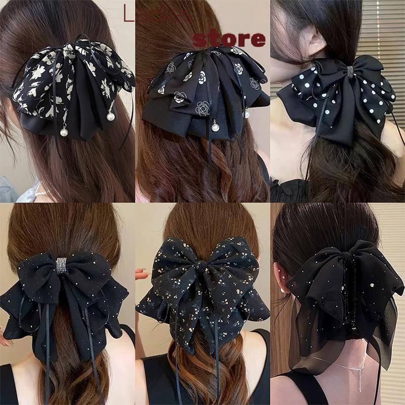 KTH Elegant อเนกประสงค์ชีฟองดอกไม้พิมพ์ Bow หางม้าคลิป Headwear สําหรับผู้หญิงสาวหวานโบว์ริบบิ้นคลิปผมอุปกรณ์เสริมผมร้อน