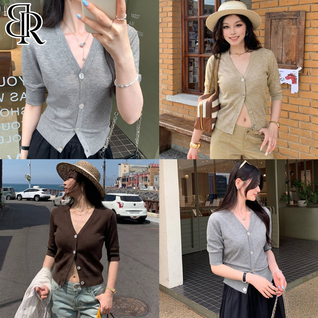 B&R พร้อมส่ง เสื้อยืดผ้าถักทรงเข้ารูป เสื้อคอวีแขนพอง เสื้อคาร์ดิแกนกระดุมหอยมุก มีสไตล์และสง่างาม