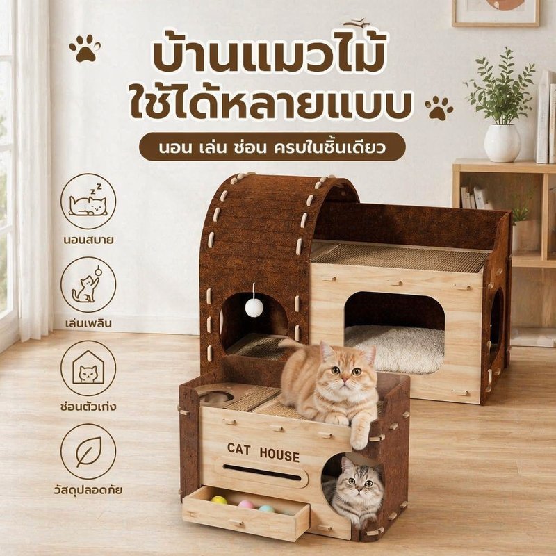 บ้านแมว คอนโดแมว อุโมงค์แมว ที่ลับเล็บ กันชื้น ทนขีดข่วน 2 ชั้น ถอดซักได้ แมวหลายตัว