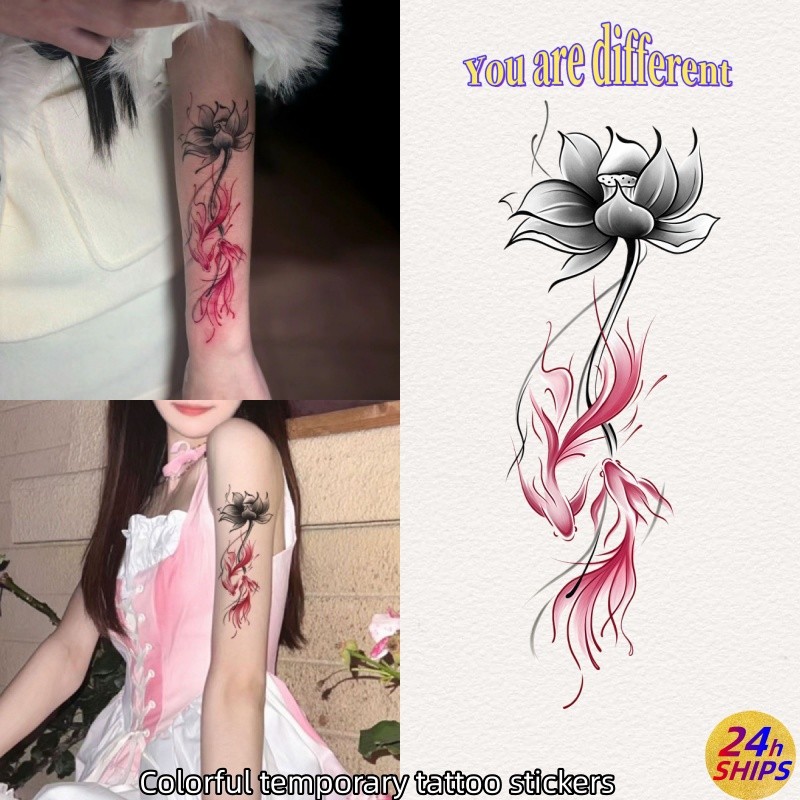 สติกเกอร์รอยสักลายดอกบัวสีดำสำหรับผู้หญิง ติดทนนานถึง 7 วัน