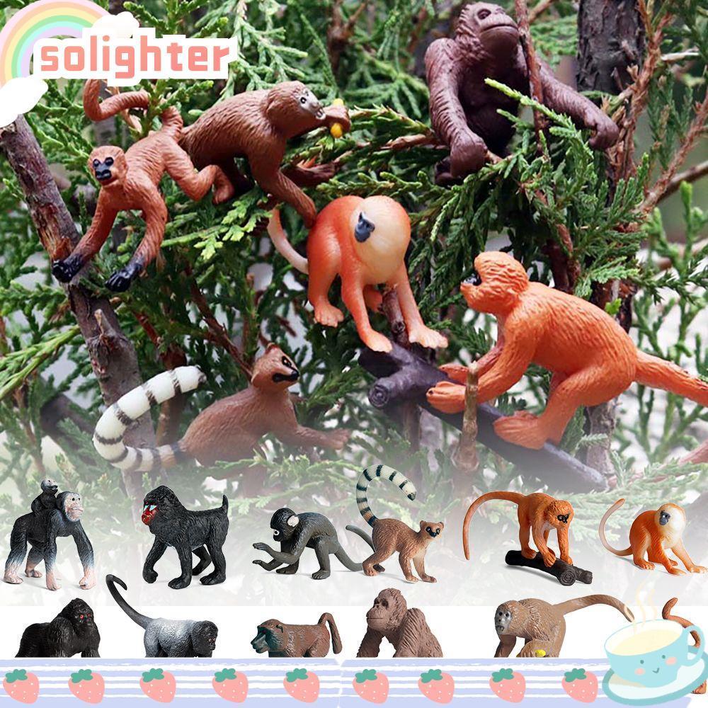 SOLIGHTER 6PCS Orangutans ตุ๊กตา Zoo ฉากของขวัญวิทยาศาสตร์จําลอง Gibbon Cubs