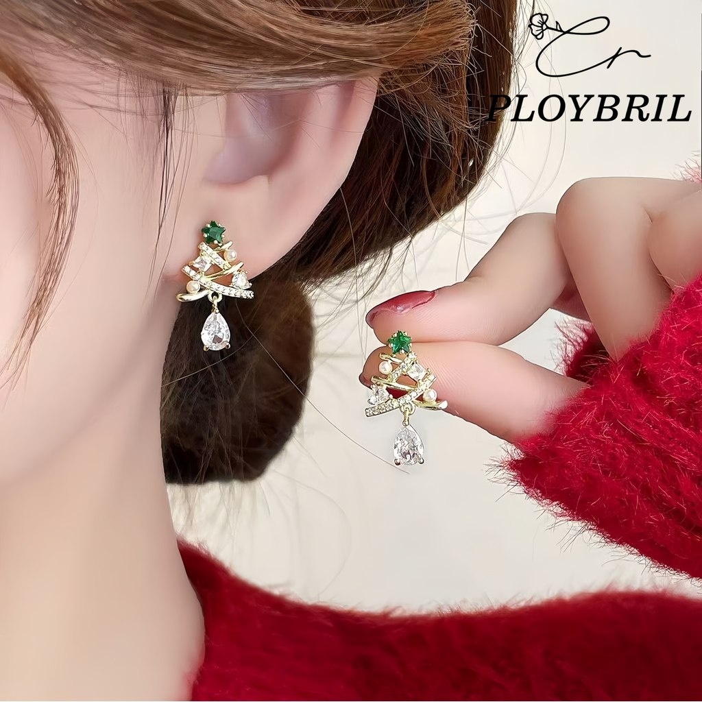 PLOYBRIL ยุโรปอเมริกันที่สวยหรูเพทายต้นคริสต์มาสแฟชั่นต่างหู E020