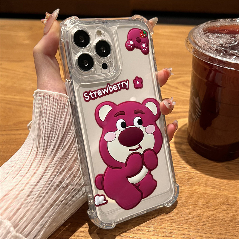 เคสโทรศัพท์ลายหมีสตรอเบอร์รี่ เข้ากันได้กับ iPhone11/13/12/14Plus,16Pro,17Max,8/7Plus, X/XRนุ่มและกั