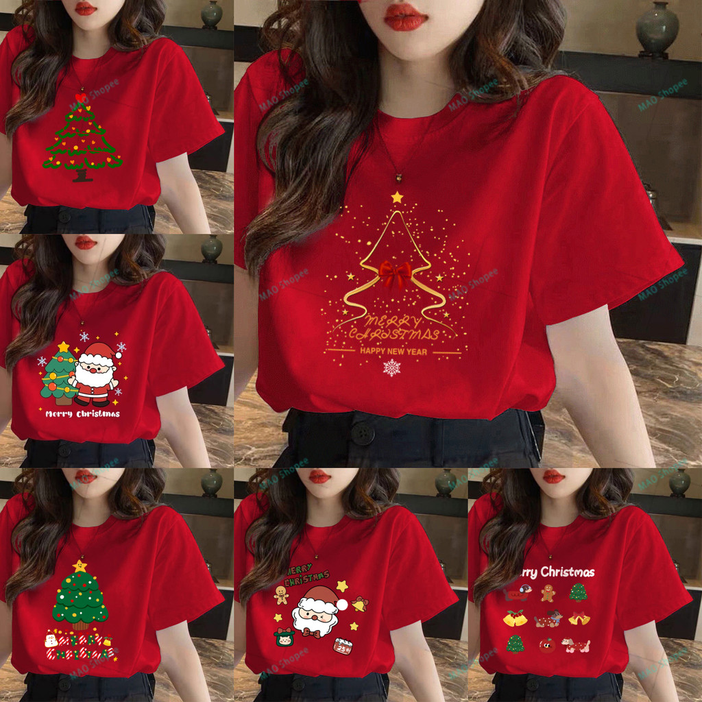 COD✅เสื้อยืดคริสต์มาสสีแดงผู้หญิงผ้าฝ้าย 2025 ใหม่ยอดนิยมแฟชั่นขนาดใหญ่หลวมด้านบนแขนสั้นเสื้อผ้าคริสต์มาส.12