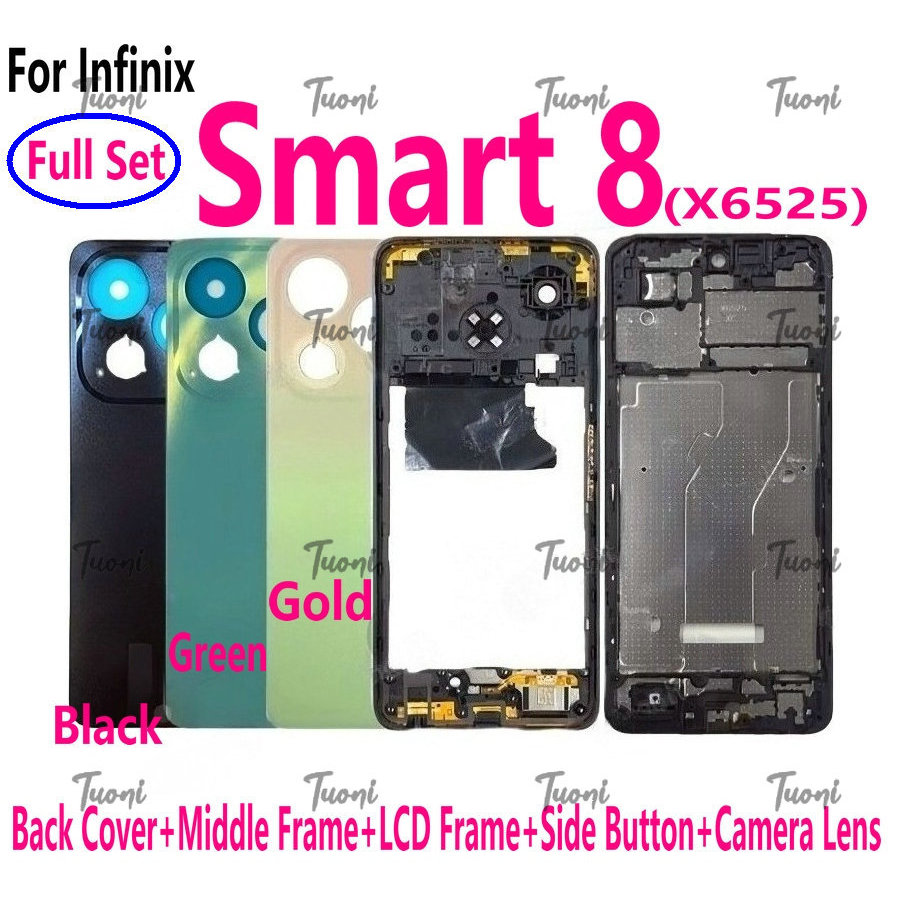 สําหรับ Infinix Smart 8 X6525 X6525B X6525C ฝาหลังแบตเตอรี่กรอบกลางปุ่มด้านข้าง LCD กรอบด้านหน้าเลนส