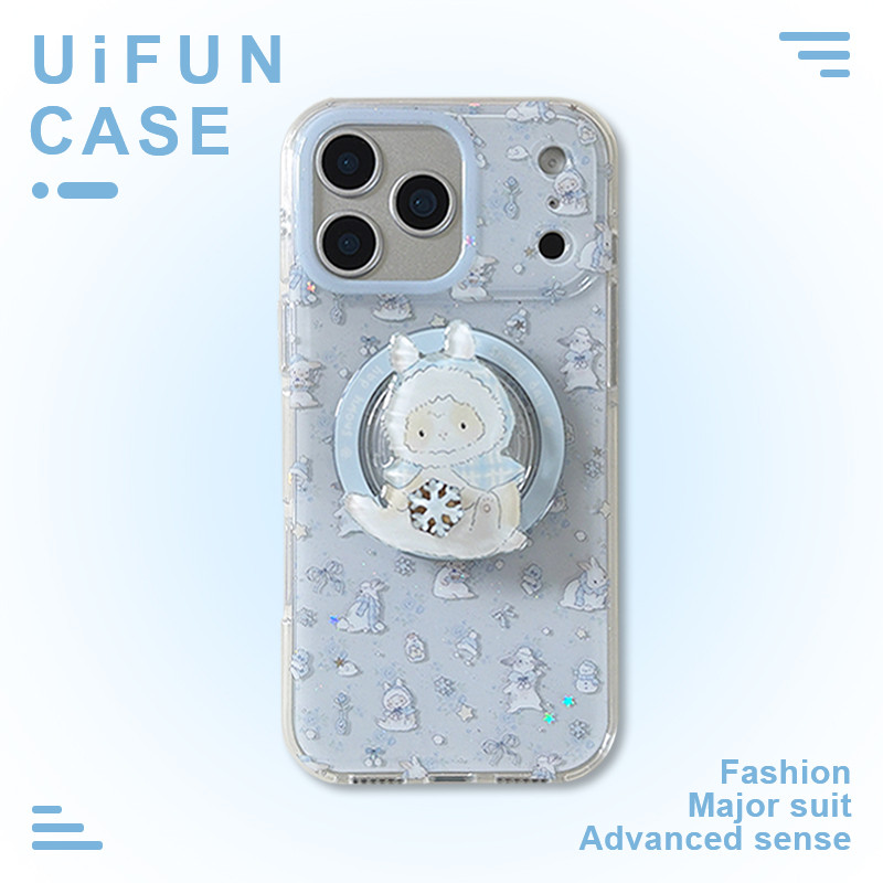 น่ารัก Rotatable Snowflake Bunny Holder Stand ไร้สายชาร์จเคสโทรศัพท์สําหรับ iPhone 17 16 15 14 Pro Max 13 16Pro Anti-collision IMD Hard PC ฝาหลัง